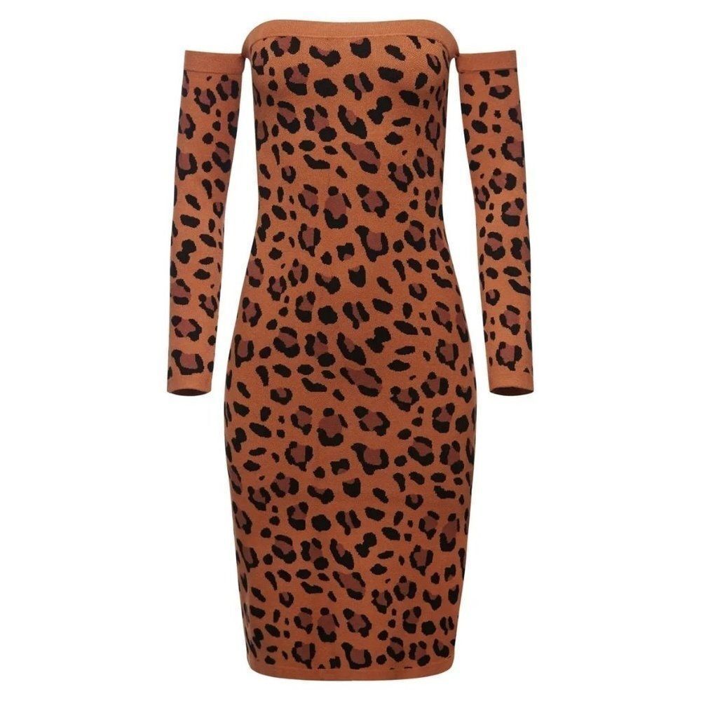 L'Agence Felicia Off Shoulder Leopard Print Sweater Dress Sz L Black Brown NEW